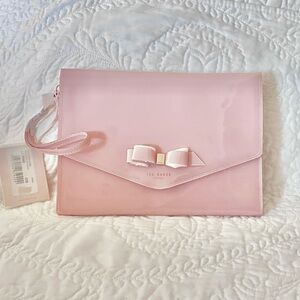 Ted Baker London Cersei Envelope Clutch Wrist Vegan Patent Purse Pink Bow